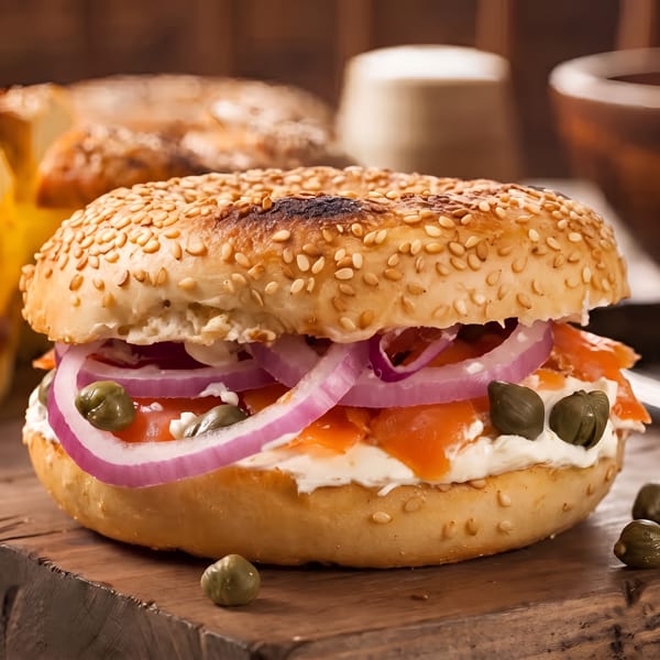 A sesame bagel with cream cheese, smoked salmon, red onion, and capers on a wooden board.