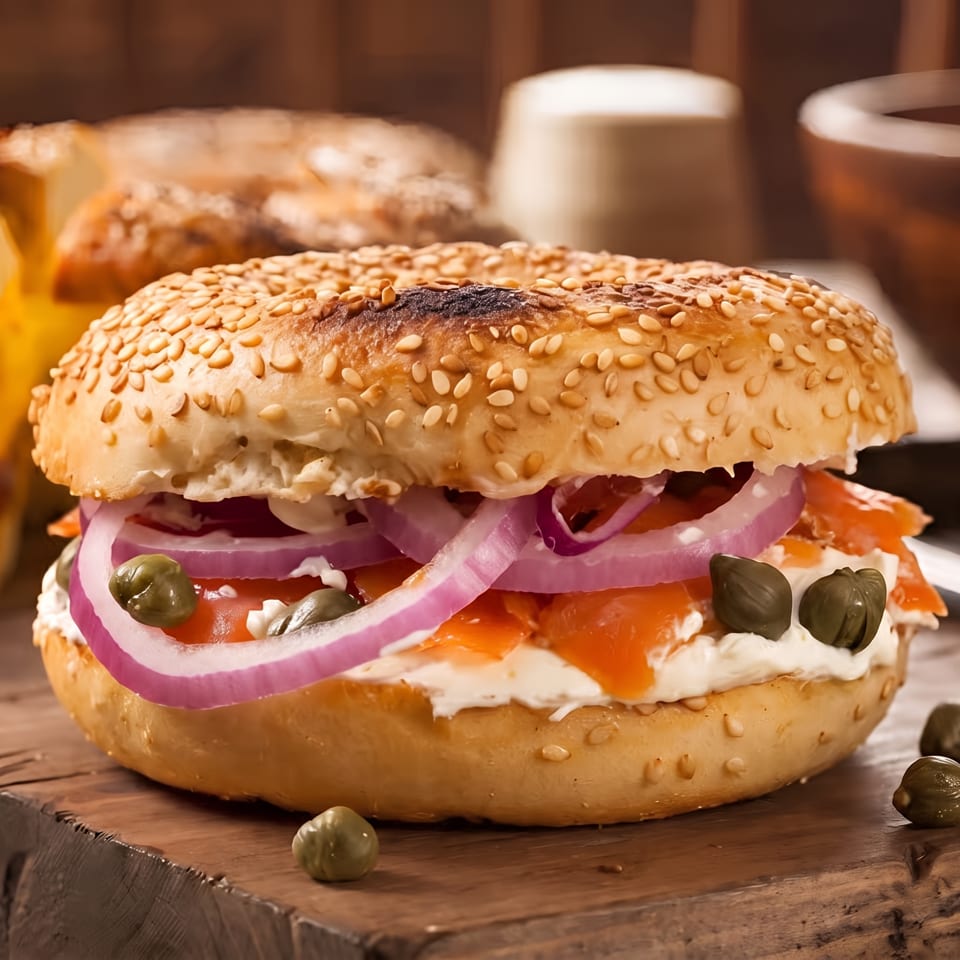 A sesame bagel with cream cheese, smoked salmon, red onion, and capers on a wooden board.