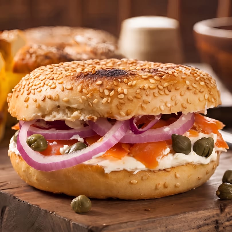 A sesame bagel with cream cheese, smoked salmon, red onion, and capers on a wooden board.