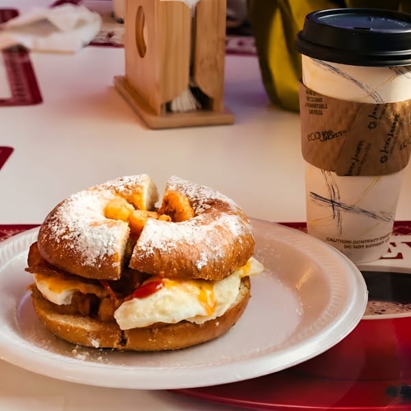 A powdered sugar bagel sandwich with egg and bacon on a white plate next to a coffee cup.