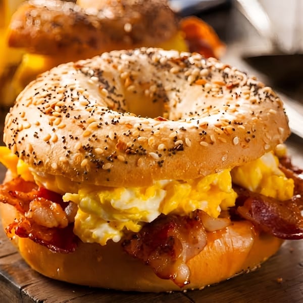 Close-up of an everything bagel breakfast sandwich with scrambled eggs and crispy bacon.
