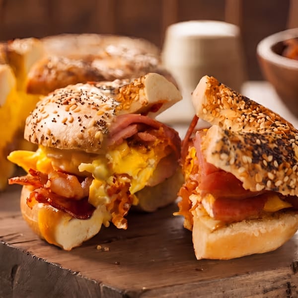 Two breakfast bagels with bacon, scrambled eggs, and cheese on a wooden board.