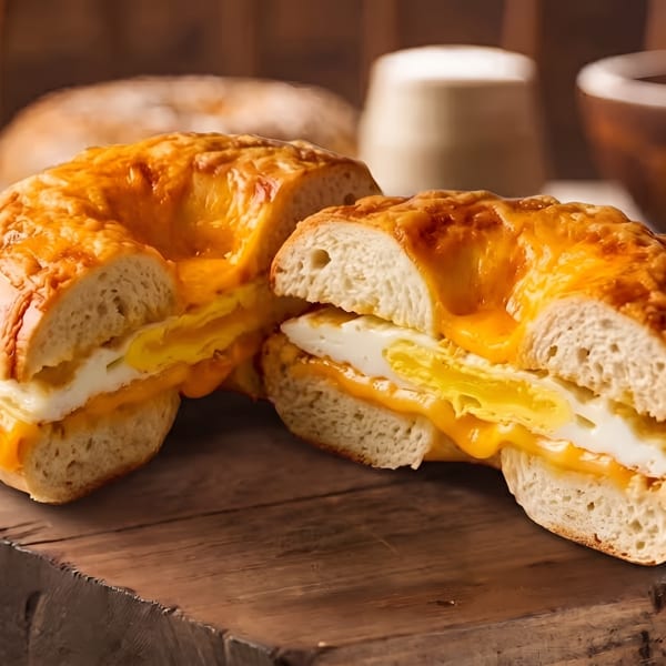 Two halves of a cheesy bagel sandwich with egg and melted cheese on a wooden board.